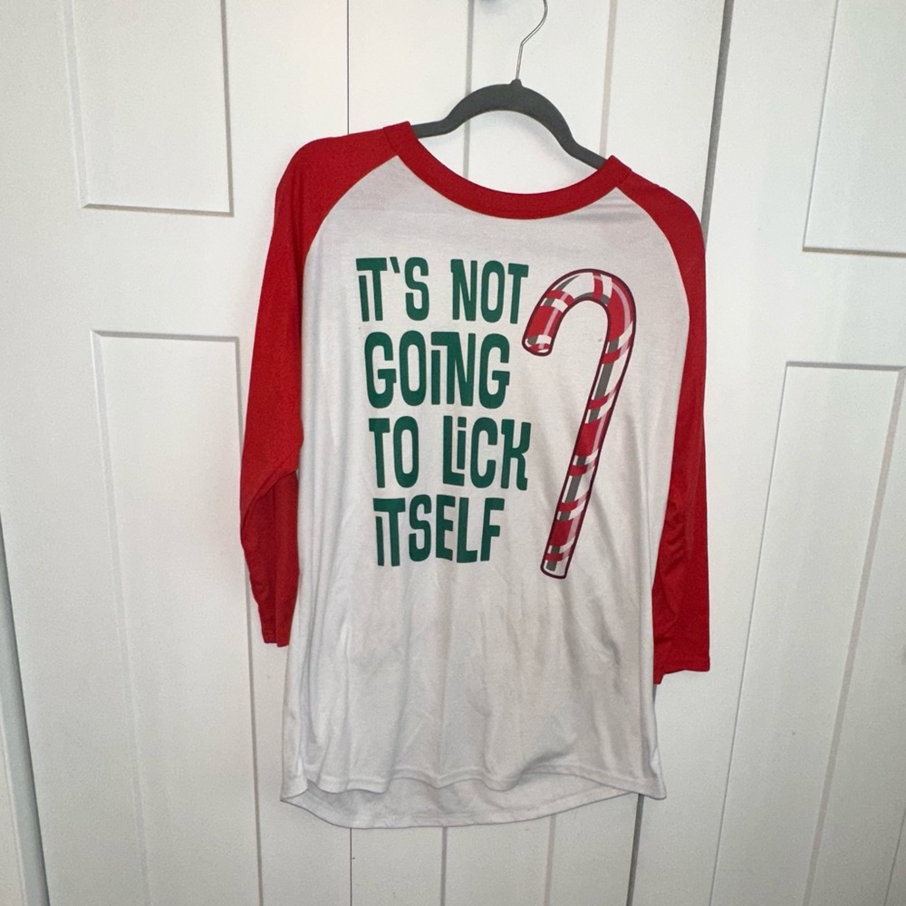 21 Threads Red and White Raglan Tee Christmas Shirt - large